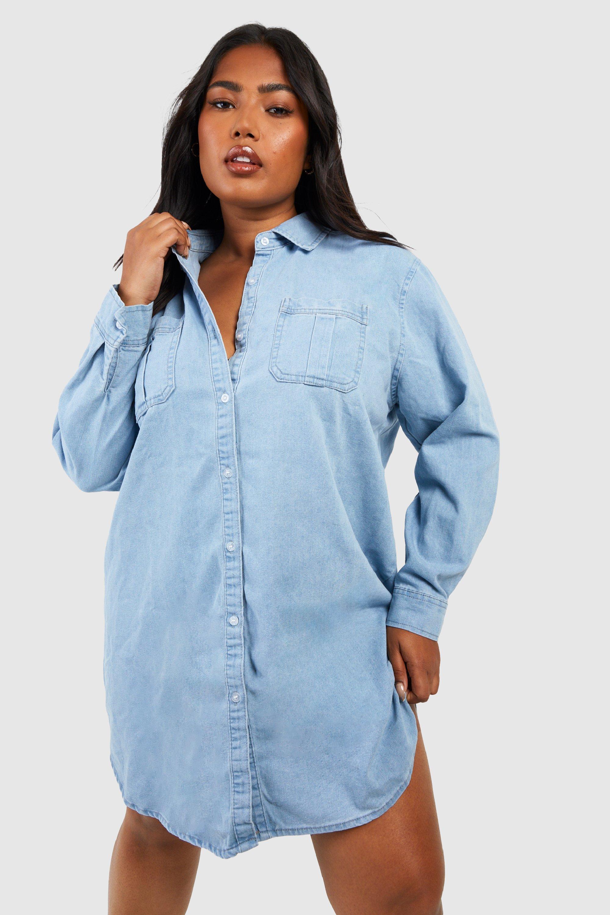 Plus Button Down Denim Shirt Dress boohoo